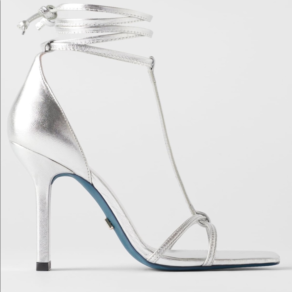 Zara Blue Collection Silver Tied Leather Heeled Sandals 5632/001